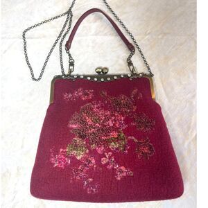 Vintage Red Wool Tapestry Rhinestone Cross-stitch Kiss Lock Purse Handbag Strap